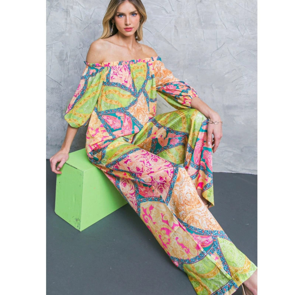 Forever 21 Printed Off-Shoulder Top High-Waist Wide-Leg Pants 2-Piece Set